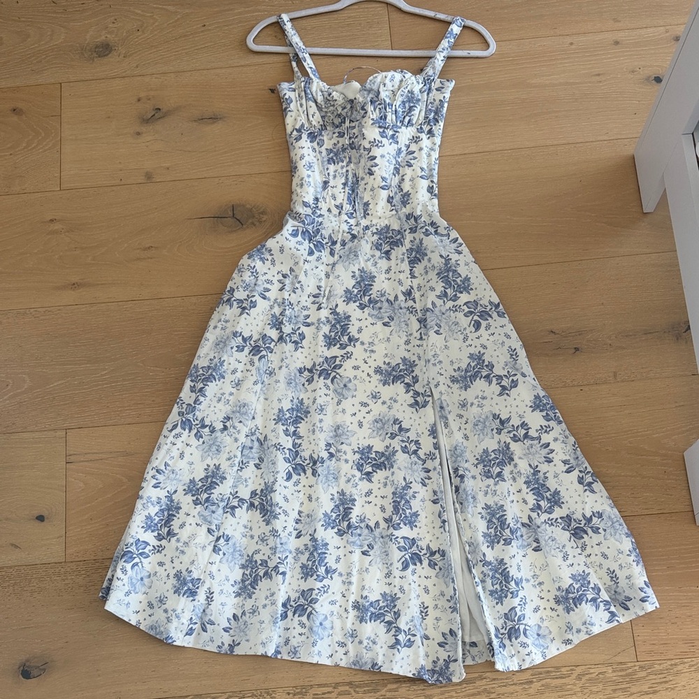 House of CB White and Blue Floral Corset Midi Dress